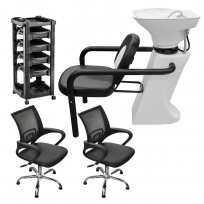Combo Lavacabezas Blanco y Negro FG + 2 Sillones de Corte a Gas Day Luxury TeknikStyle + Módulo Ayudante 4 Cajones Vegas Dompel